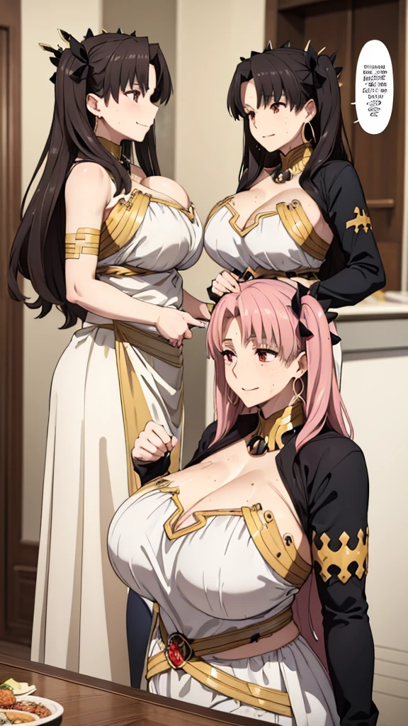 (Mature Woman:1.5), (mother:1.5), Ishtar, Fate Grand Order, (Absurd, 8k, 4K, Tabletop, Extremely detailed:1.2), highest quality, Perfect Anatomy,Perfect Face, High humidity, (alone:1.2), (Sweaty:1.3), shortness of breath, High humidity, humid, (Black Hair:1.1), Red eyes, Looking into the camera, (Very large breasts:1.5), Light clothing, apron, (kitchen;1.1), (Having a conversation:1.5), (Speech bubble:1.2), A kind smile, relief, peace of mind, mother性, Cooking, have a ladle, pot, pot-au-feu