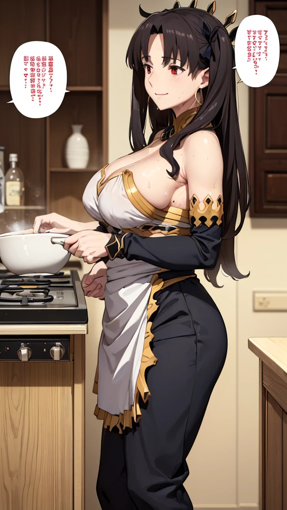 (Mature Woman:1.5), (mother:1.5), Ishtar, Fate Grand Order, (Absurd, 8k, 4K, Tabletop, Extremely detailed:1.2), highest quality, Perfect Anatomy,Perfect Face, High humidity, (alone:1.2), (Sweaty:1.3), shortness of breath, High humidity, humid, (Black Hair:1.1), Red eyes, Looking into the camera, (Very large breasts:1.5), Light clothing, apron, (kitchen;1.1), (Having a conversation:1.5), (Speech bubble:1.2), A kind smile, relief, peace of mind, mother性, Cooking, have a ladle, pot, pot-au-feu