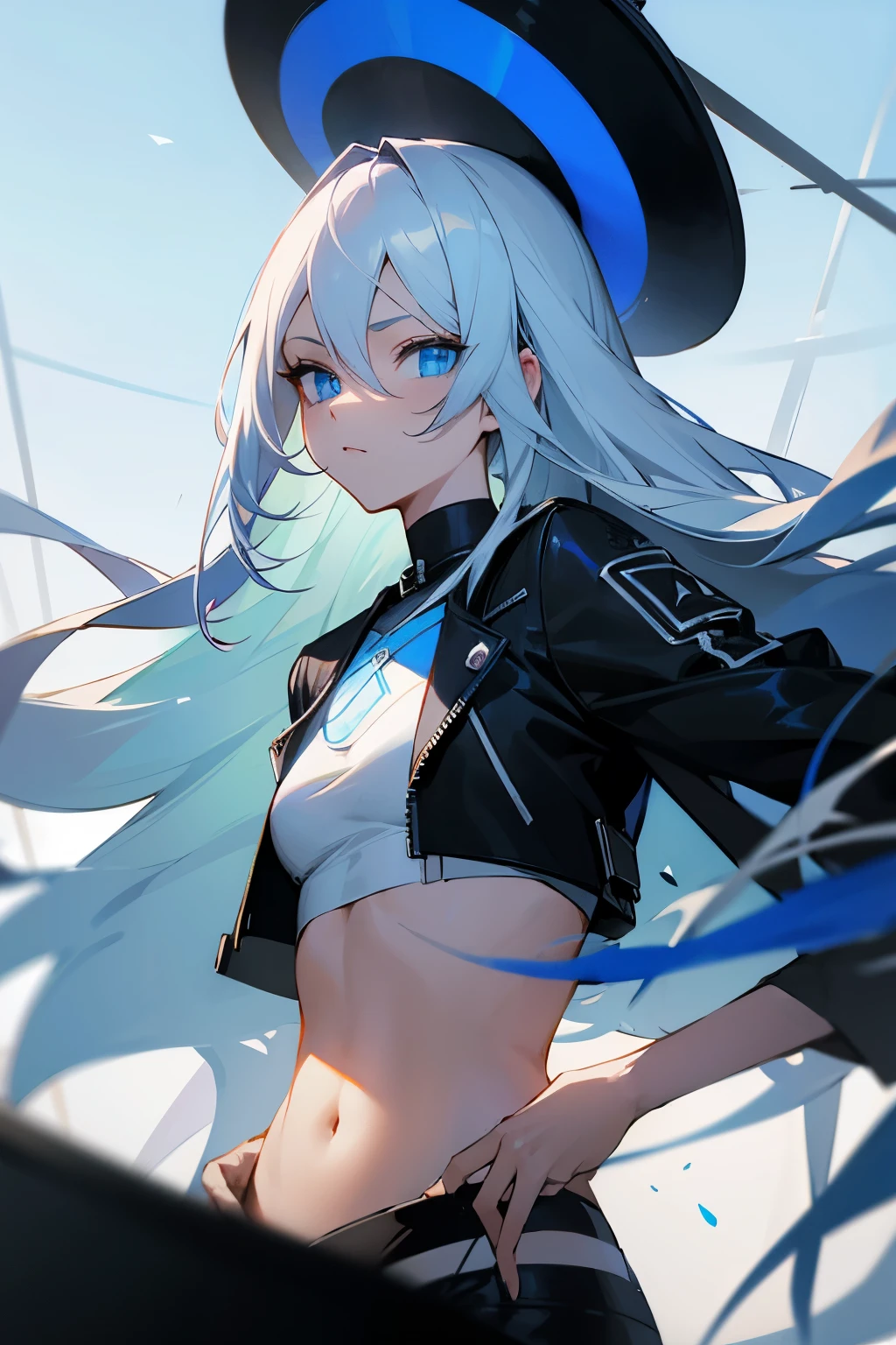 Slender, Femboy, White long hair, crop top, black jacket, masterpiece, very beautiful, blue eye, outdoors