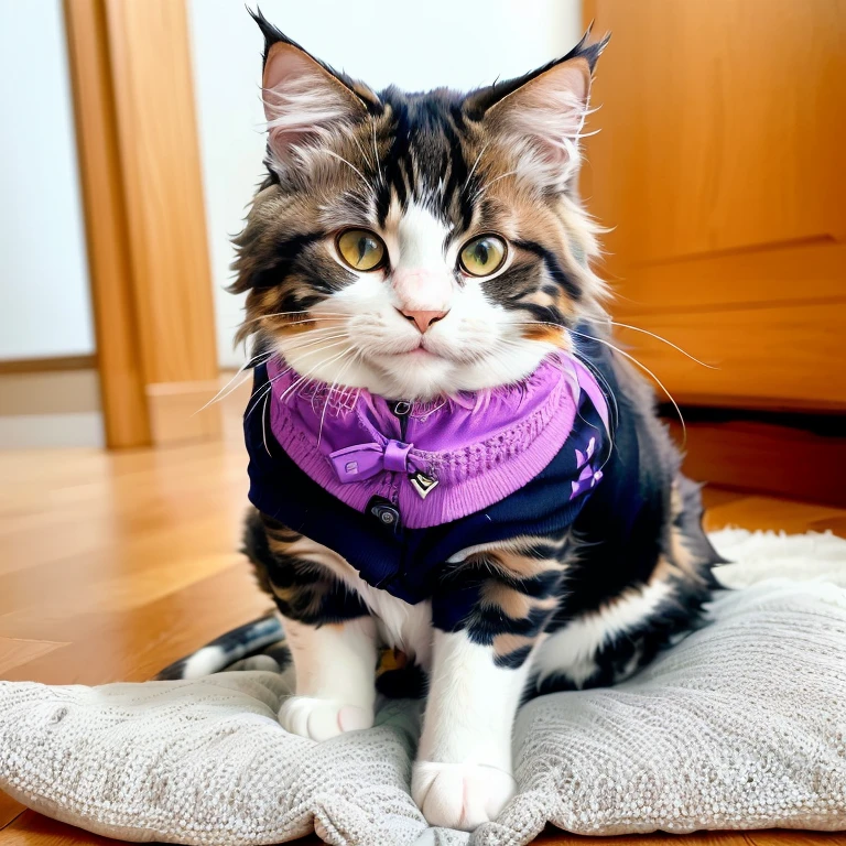 There is a cat sitting on a pillow on the floor, cute cat, maine coon, cute cat photo, Dress neatly, purple cat, a cute cat, photo of a cat, A handsome, SFW, Sora is a cat, daily attire, wear a collar, Cute and adorable, Above the waist, Well-dressed, very handsome, serious looking mainecoon cat