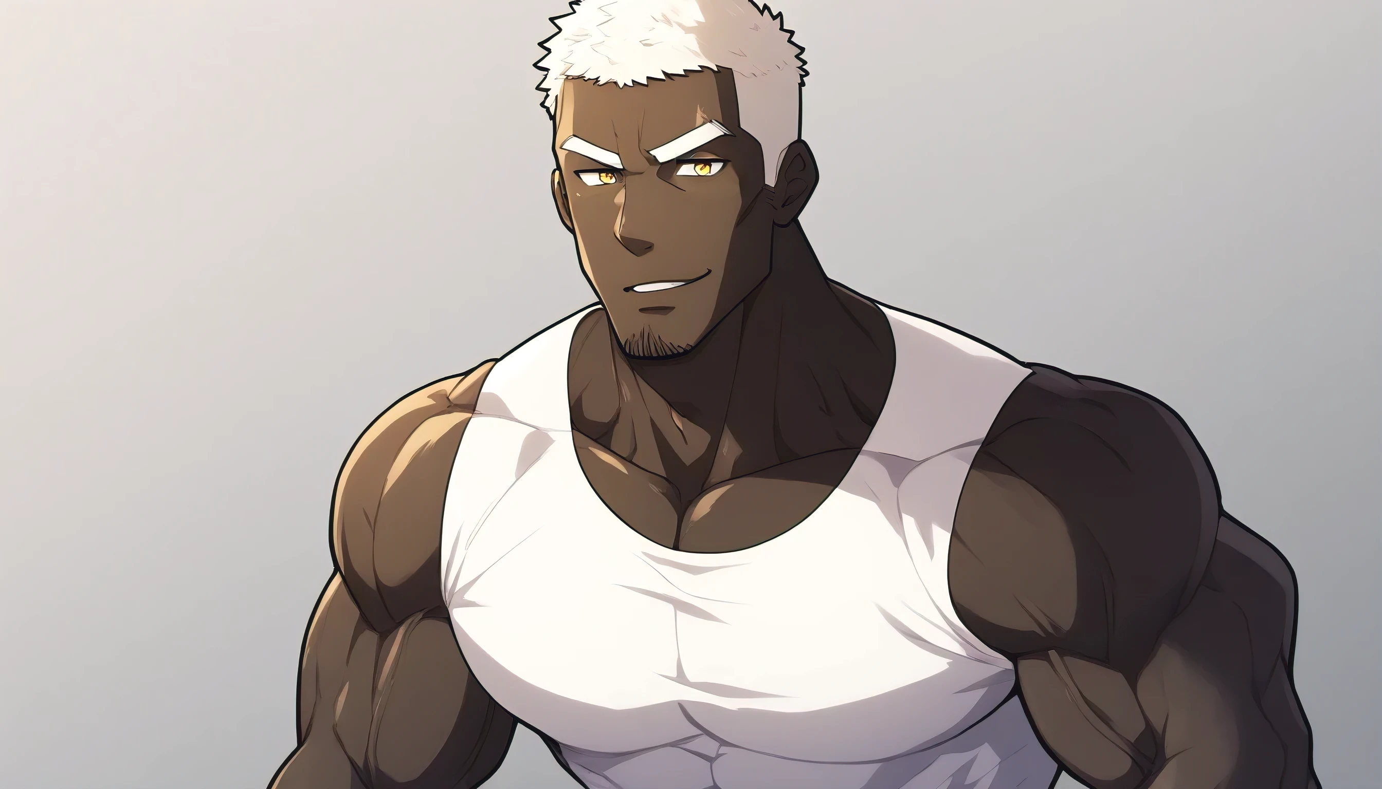 negro，negro，negro，anime characters：Gyee, Fitness coach, negro black skin, 1 muscular tough guy, Manliness, male focus, Cream White Sleeveless Tight T-Shirt, Very tight, The pectoral muscles are oversized, Slightly transparent, muscular male, muscular, only, Upper body, alone, White short hair, Thick eyebrows, stubble, Yellow eyes, Grey background, simple background, amazing quality, best aesthetics, Ridiculous, bright pupils, crew cut, parted lips, seductive smile, torogao, naughty face, drop shadow, best quality