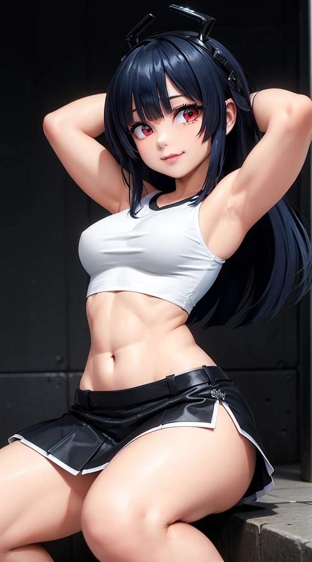 (cabello despeinado), (illustration), retrato, (fondo de ciudad futurista), (arms behind back), Cintura delgada, gran sonrisa, abdominales fuertes, chica delgada, strong abs, muscle girl, front pose, big thighs, focus on face, flat chested, large city background, blue hair, red eyes, skirt, sit on rock, detailed vagina, nude, heavy armor suit