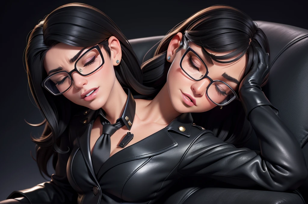 obra prima, melhor qualidade, (lauren boebert 55yo) snarl expression, open mouth, eyes closed, black medium length hair, black plastic glasses, pilot outfit, business blouse, necktie, (shiny bright yellow leather,) studs zippers fringe, shiny leather gloves, body is skinny, laying back against couch cushion, arched back, grabbing cupping, overhead camera view, looking down at me, shallow depth of field, highres, HD, 8k, anatomically correct