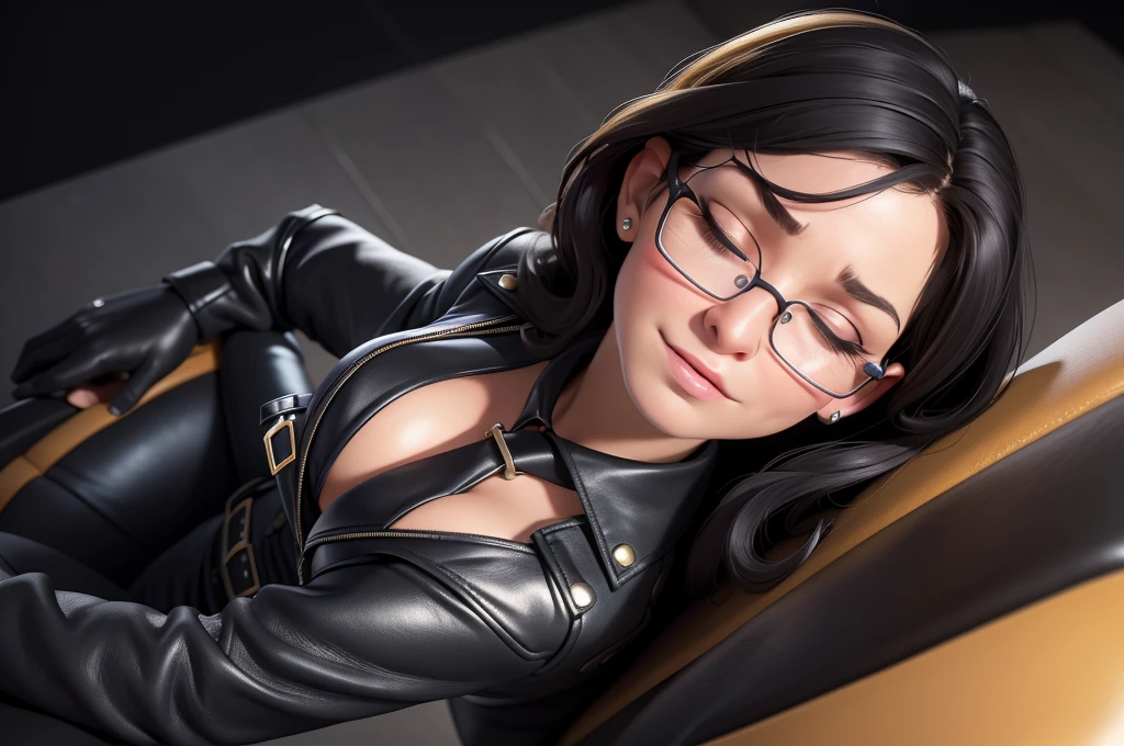obra prima, melhor qualidade, (lauren boebert 55yo) snarl expression, open mouth, eyes closed, black medium length hair, black plastic glasses, pilot outfit, business blouse, necktie, (shiny bright yellow leather,) studs zippers fringe, shiny leather gloves, body is skinny, laying back against couch cushion, arched back, grabbing cupping, overhead camera view, looking down at me, shallow depth of field, highres, HD, 8k, anatomically correct