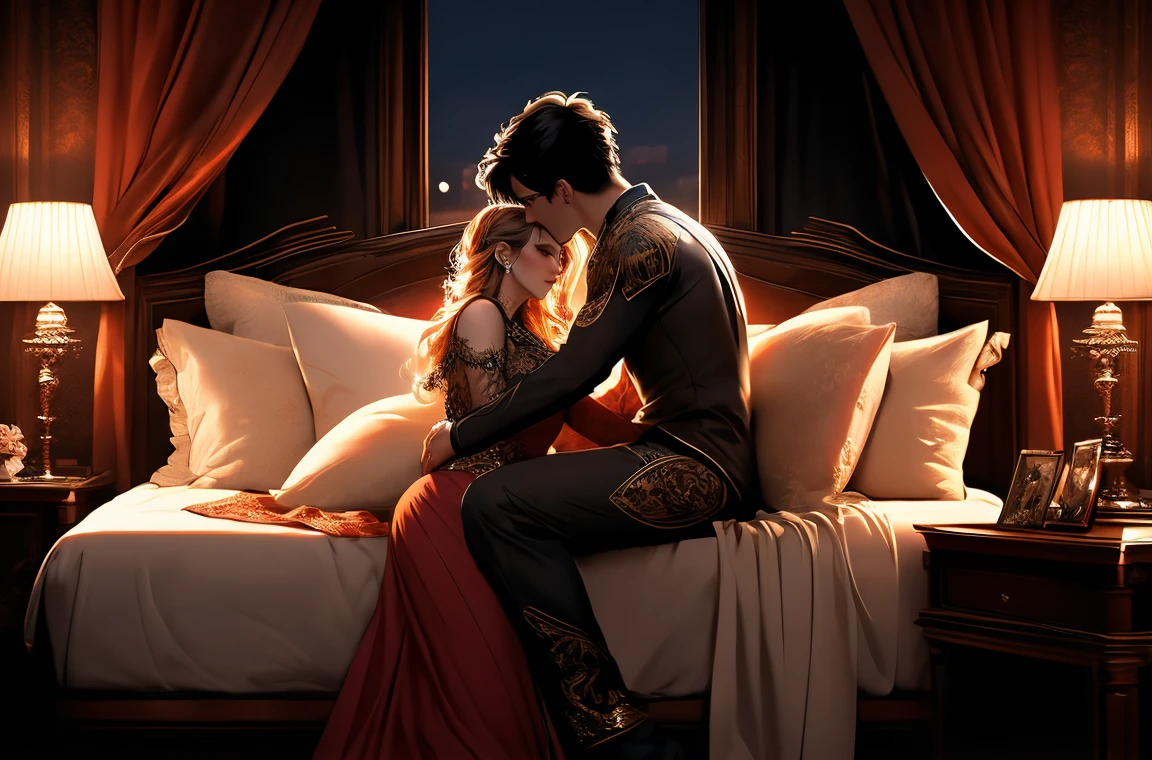 8K, highest quality, masterpiece, Super detailed, Ultra-high resolution, Bedroom, Midnight, Dim lighting, ((One male)), (Embrace each other), (One female)
