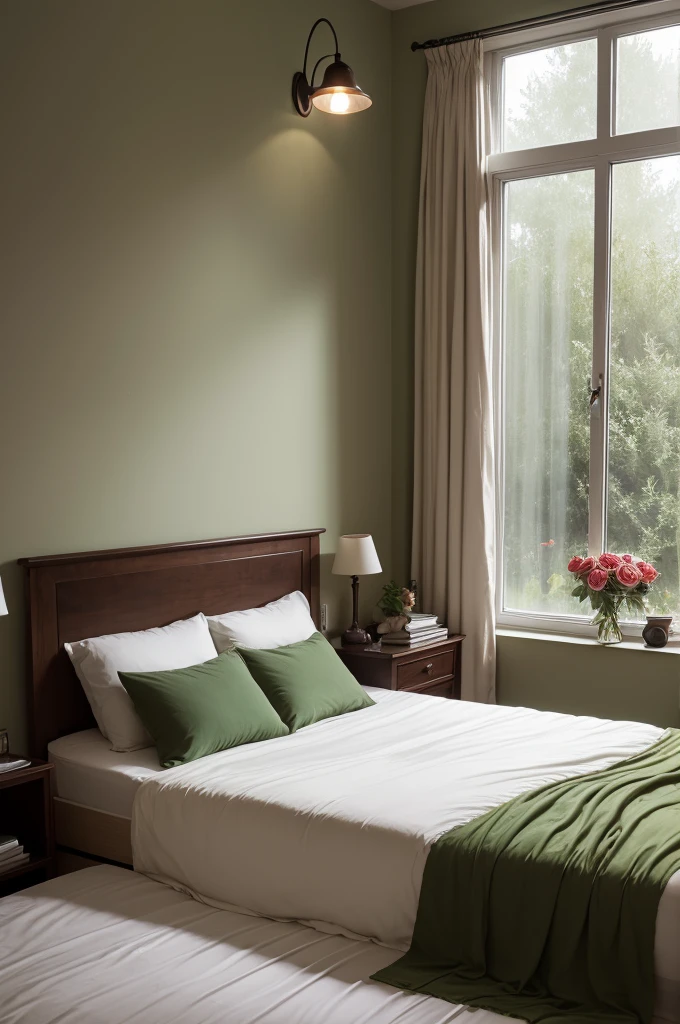 rainy night, with winds blowing through the glass windows, bed with green duvet against the window, brown curtain, fireplace lit on the wall in front of the bed, lamp on, books on the bed, cup with chocolate, small vase with rose inside,