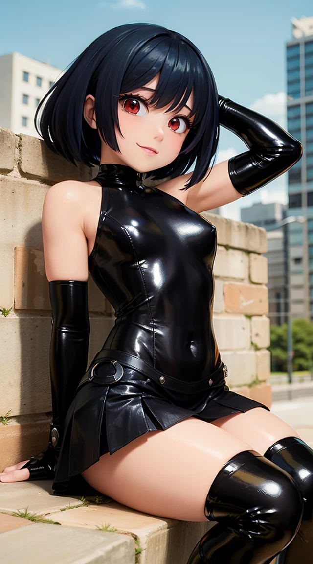 (cabello despeinado), (illustration), retrato, (fondo de ciudad futurista), (arms behind back), Cintura delgada, gran sonrisa, abdominales fuertes, chica delgada, strong abs, muscle girl, front pose, big thighs, focus on face, , large city background, blue hair, red eyes, skirt, sit on rock, detailed , , heavy armor suit