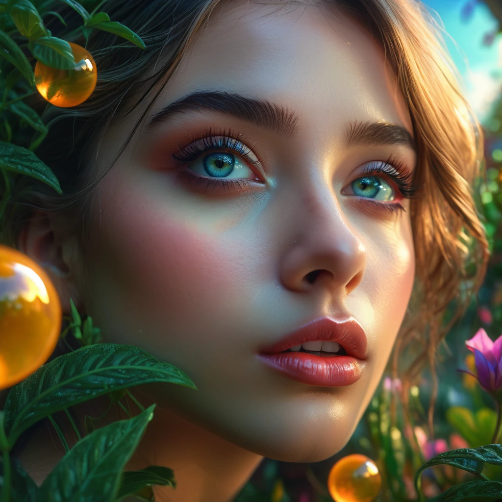 a paradoxical surreal dreamscape, a girl in a garden, beautiful detailed eyes, beautiful detailed lips, extremely detailed eyes and face, long eyelashes, ethereal and mysterious atmosphere, fantastical architectural elements, glowing orbs of light, lush and vibrant colors, dramatic lighting, intricate patterns and textures, (best quality, 4k, 8k, highres, masterpiece:1.2), ultra-detailed, (realistic, photorealistic, photo-realistic:1.37), digital art, cinematic composition, dramatic lighting, dramatic colors, hyperrealistic, highly detailed