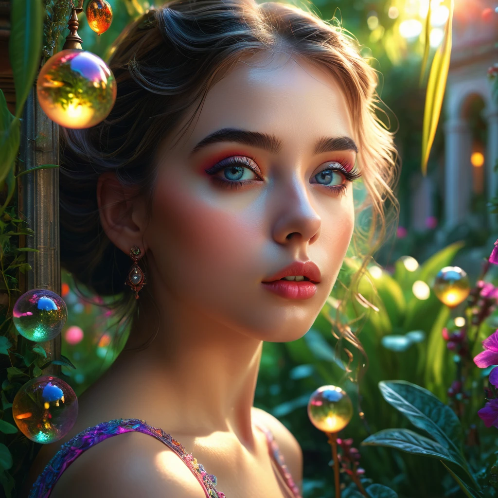 a paradoxical surreal dreamscape, a girl in a garden, beautiful detailed eyes, beautiful detailed lips, extremely detailed eyes and face, long eyelashes, ethereal and mysterious atmosphere, fantastical architectural elements, glowing orbs of light, lush and vibrant colors, dramatic lighting, intricate patterns and textures, (best quality, 4k, 8k, highres, masterpiece:1.2), ultra-detailed, (realistic, photorealistic, photo-realistic:1.37), digital art, cinematic composition, dramatic lighting, dramatic colors, hyperrealistic, highly detailed