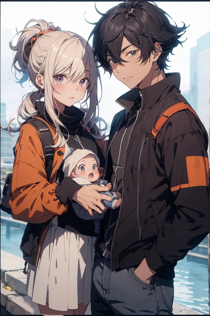 A couple holding a baby (anime style high quality) 4k, high quality