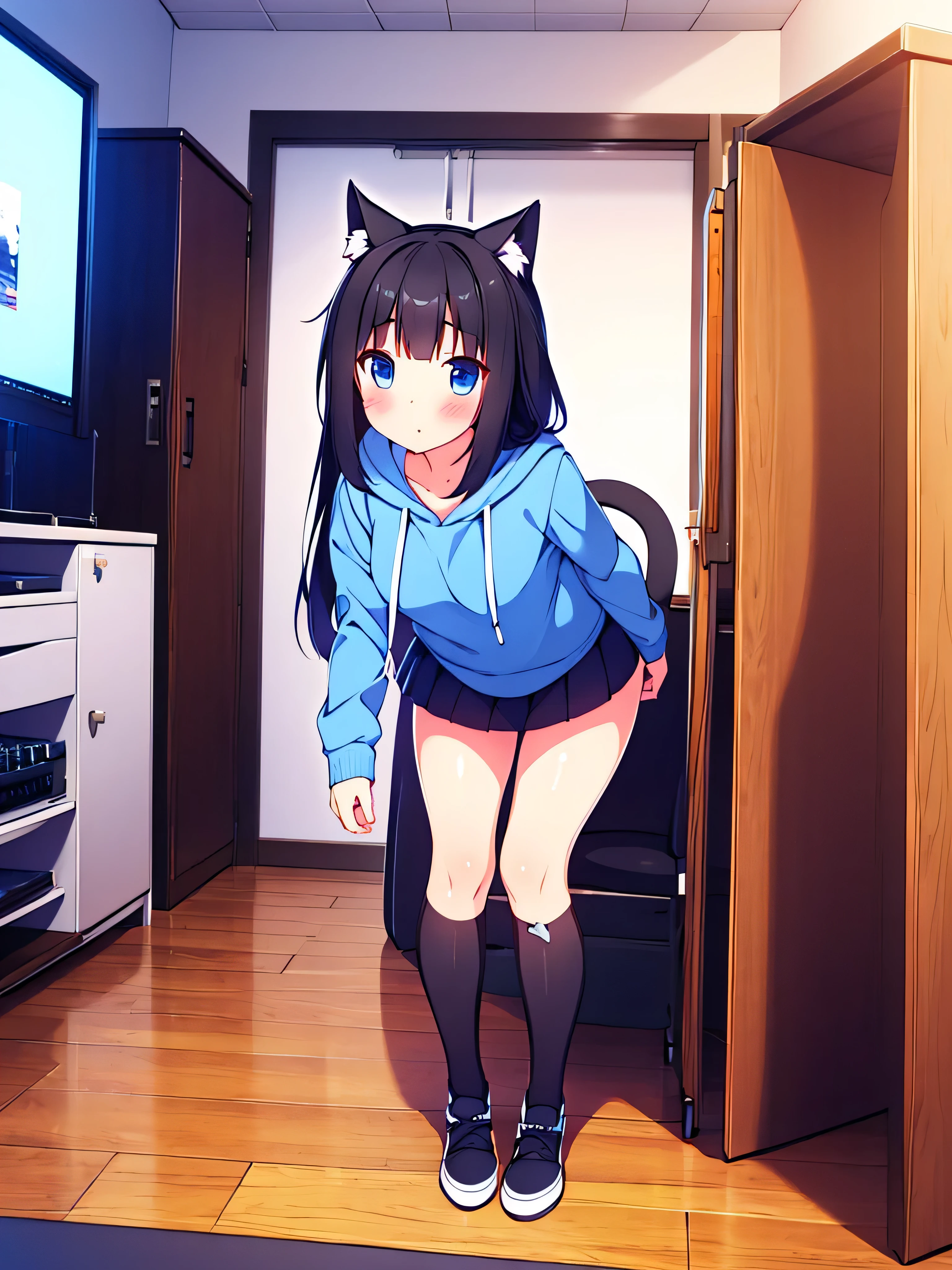 Girl long black hair blue eyes blush on face in PC gaming room Short pleated skirt long stockings cat hoodie great quality 8k very detailed image perfect anatomy full body nsfw