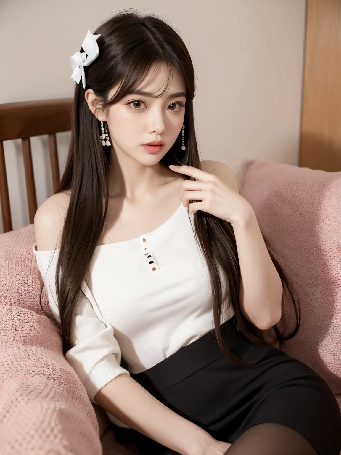 Kim Jennie with white brown hair, con rulos en las puntas, with two bows on each side of the hair, all her hair white brown, with a star clip in her white brown hair, ojos de color claro, ojos bonitos, ojos llorosos, nariz bonita y respingada, nariz lloroso, labios bonitos, labios rosas, heart and cupid shaped lip, piel bonita, pale, piel blanca, con lunares y pecas en todo el rostro, rubor rosa suave en las mejilla, rubor rosa natural, maquillaje suave y rosa, jennie, cuello bonito, cuello marcado, frown, mirada tierna, con un collar de beso, un collar bonito de beso, parecido a Yumeko Jabami, mientras lleva puesto un Crochet YK2, de lana, with a YK2 style brown mini skirt, mientras tiene el abdomen desnudo, delgado, marcado y bonito, (pechos grandes, pechos suaves, pechos bonitos), mientras esta haciendo cospaly del personaje Yumeko Jabami, del anime Kakegurui, mirando a la camara