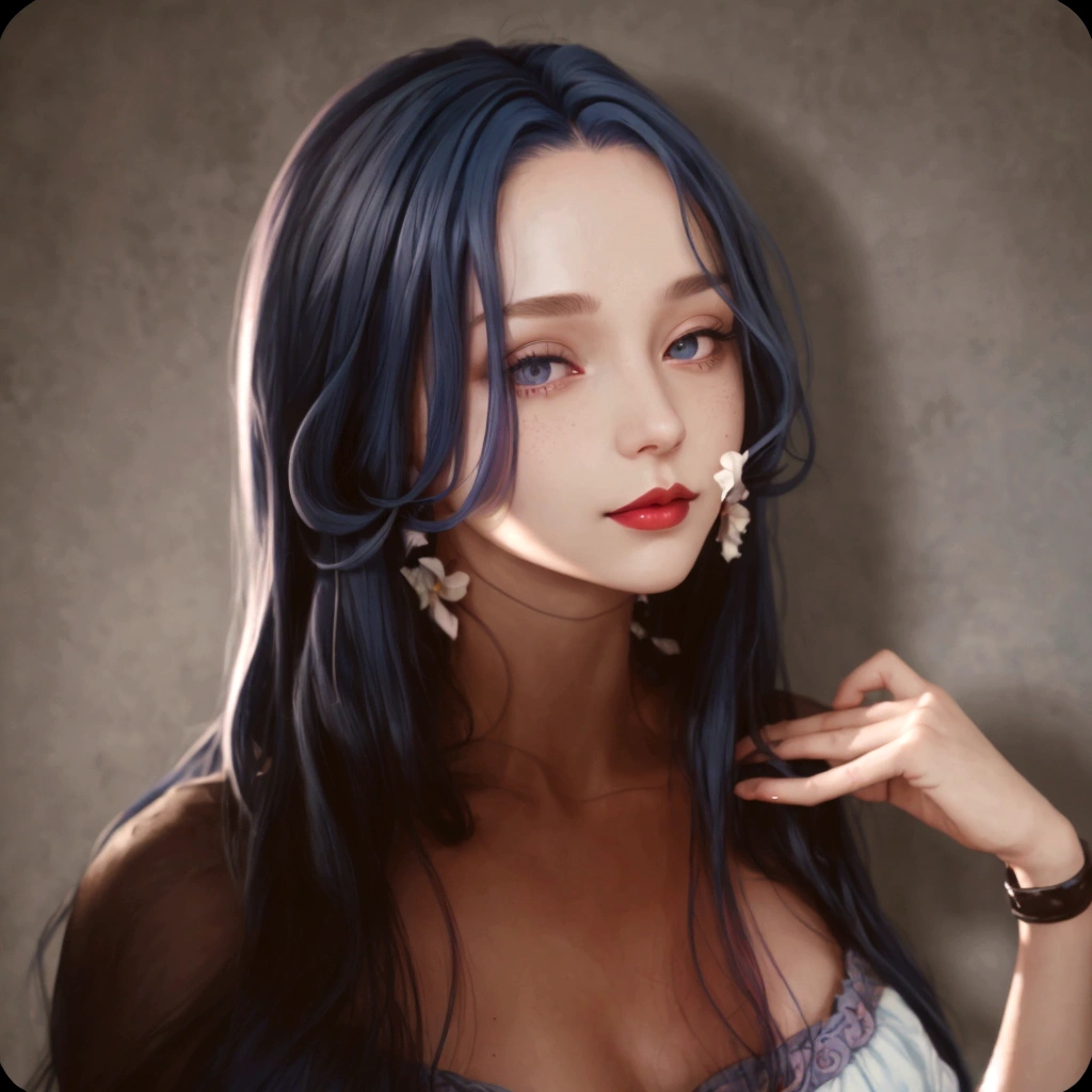 (absurd, High resolution, Super detailed), masterpiece, Hinata(Poruto), ((Solitary)), 1 Girl,Medium breasts, long purple victorian style dress, Shut up, (((long hair))),permanent, Bodice and skirt pattern, Ruffle skirt, Lace, Blink Blink Effect, (((Detailed lips))), garden, Pink and white flowers, ((Realistic skin)), radiant skin, ((glossy red lips)), Purple Eyes, portrait, beautiful, Smile, (((Dark blue hair))), Bust Crop, Normal skin