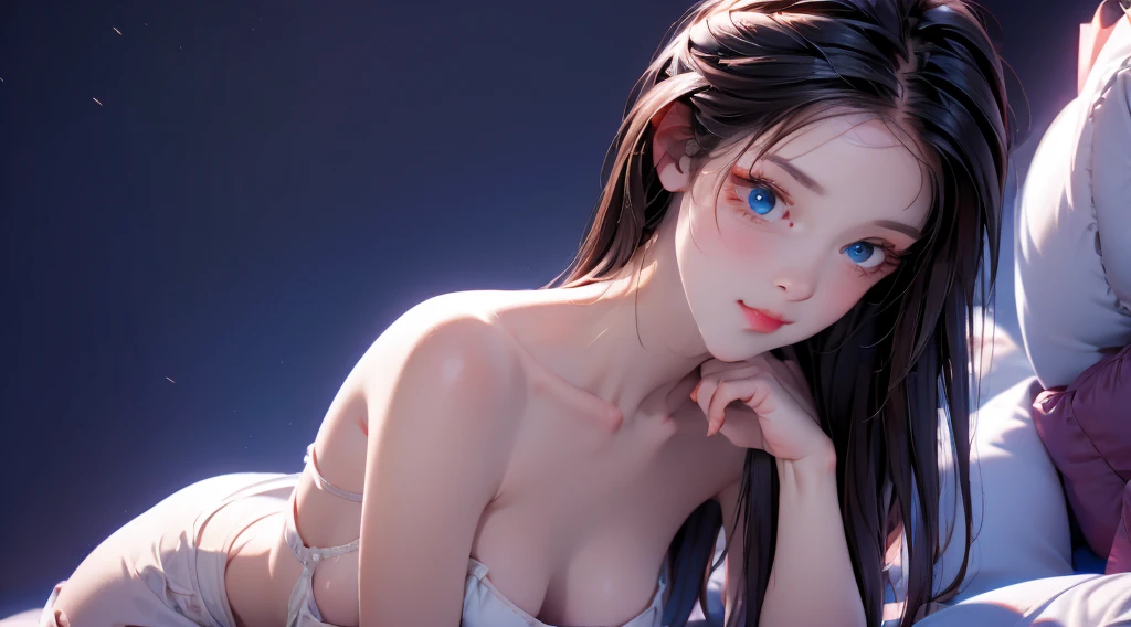 1 girl, medium light black hair, light blue eyes, wearing nude show outfit, night city, 18+ , high res, ultrasharp, 8K, masterpiece, Looking from the front 18+