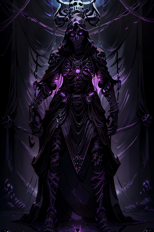 (full body:1.4).skeleton with purple lights in eye sockets.(realistic illustration:1.3),((dark fantasy:1.4)).((male:1.4)) ((black skull face:1.4)), ((Hooded)) (shadow) ((wraith)) in ((heavy obsidian armor)), tall, imposing, (glowing violet eyes:1.2), (cross pendant:1.3). brandishing black ((great sword)) in purple flames. masterpiece