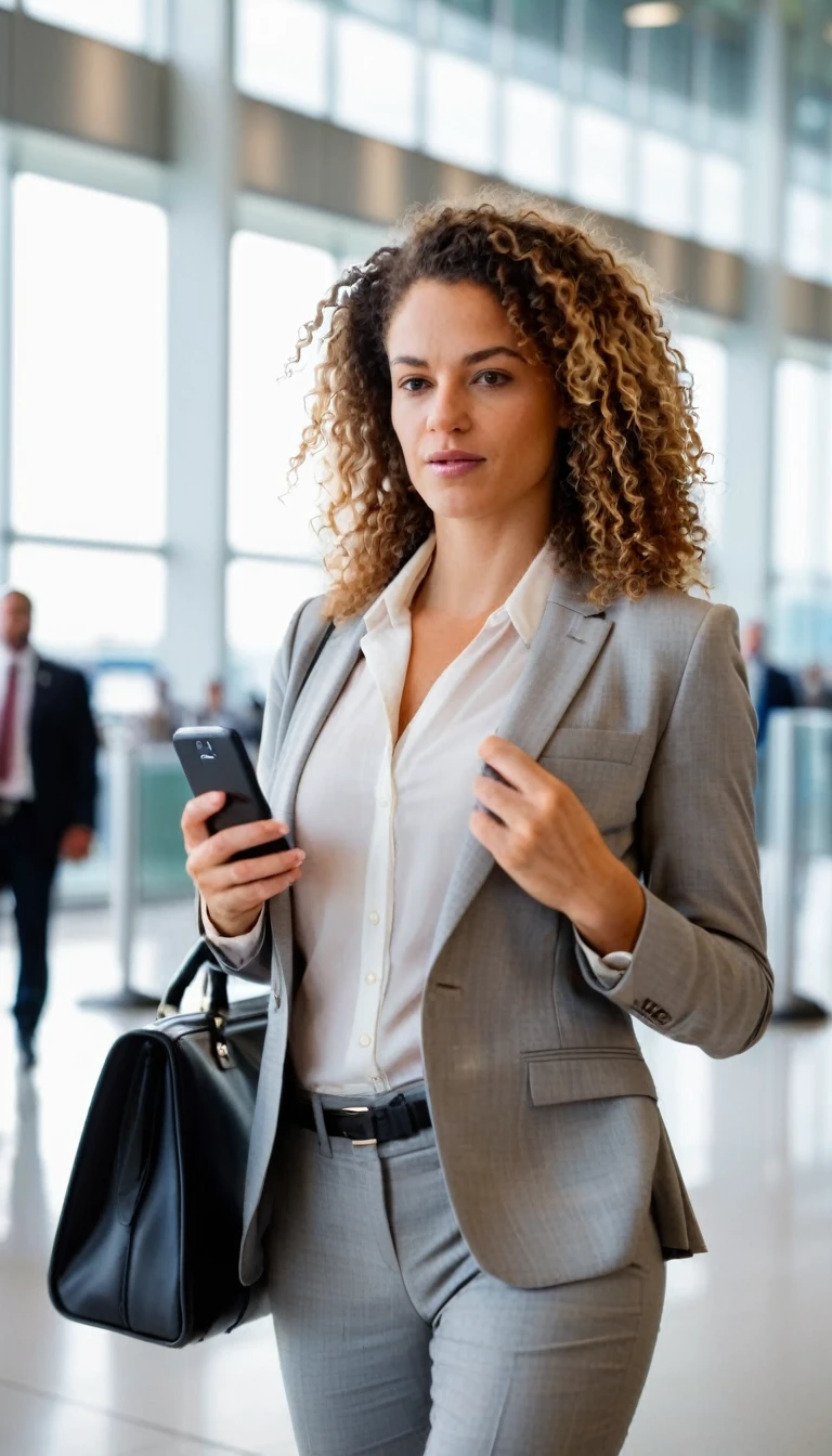 Generate a highly realistic and detailed photograph of a confident businesswoman walking through an airport terminal. She has curly hair and is wearing a light gray business suit with a white blouse underneath. She is carrying a black bag over her shoulder and holding a smartphone in her hand. The background shows a modern airport terminal with large windows, allowing natural light to flood the space. In the background, there are other business people, slightly out of focus, moving through security gates. The atmosphere is professional and busy, capturing the essence of business travel. The image should have sharp, clear details, natural lighting, and realistic proportions and facial features. Ensure the photograph looks authentic, with no distortions or anomalies in the subjects or surroundings.
