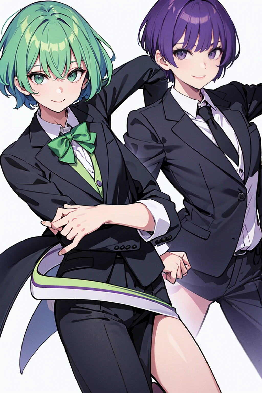 whole body,Standing posture, (Green and purple hair,short hair,) (One man,), (beautifully drawn face:1.2) (blazer) smile,Cool pose,(White background) 