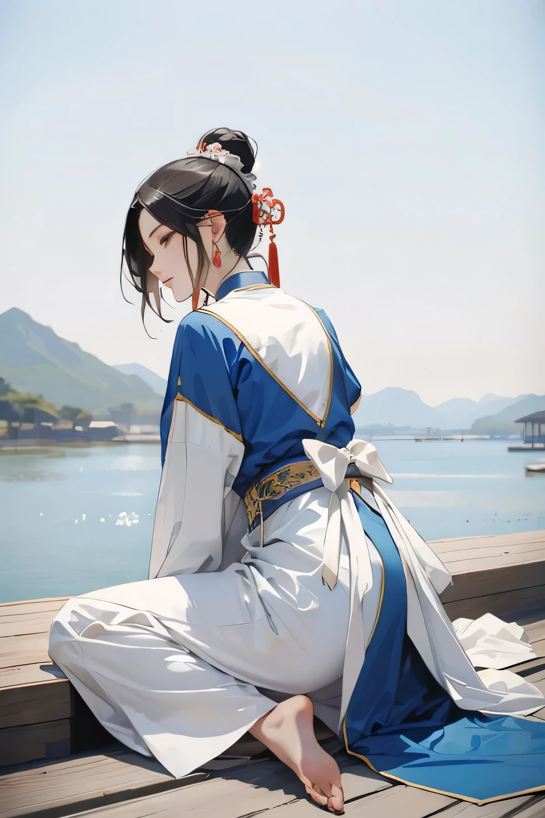 Tang Dynasty women's costume,A palace maid kneeling on the ground,Kneel all over,Back view,Blank Background