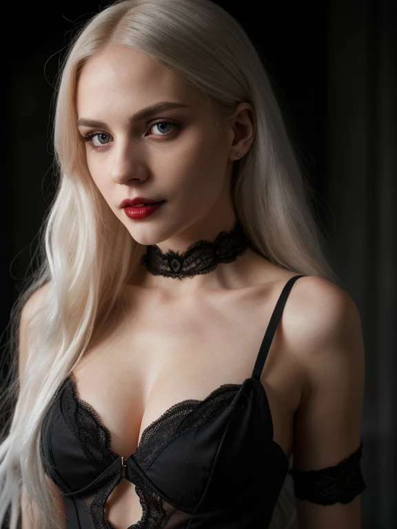 Best Quality, Ultra-High Definition, 8K Resolution, 32K Resolution, Masterpiece, High Detail, Ultra-Detailed, Photorealistic, Hyper-Realistic, Extremely Detailed, High Fidelity, Crisp Details, Sharp Focus, Realistic Textures, Intricate Details, Highly Detailed Eyes, Realistic Skin Texture, full body shot, backshot, photorealistic seductive portrait of a vampire woman, in her mid 30s, long white colored hair, standing at full height in the dark, she is wearing a black short skintight dress with a plunging neckline, very small beautiful breasts, thin figure, detailed chest, black openwork stockings, black high heels, detailed face, dark makeup, Seductive look, (sexual) Outside, fangs visible, Blood runs down his lips, bright glowing eyes. long light hair, realism, pale detailed skin, bright red eyes, very detailed skin, loose hair, Realistic skin, Gothic attire, Canon,4K, mysterious, Gothic, Sexy beautiful vampire,