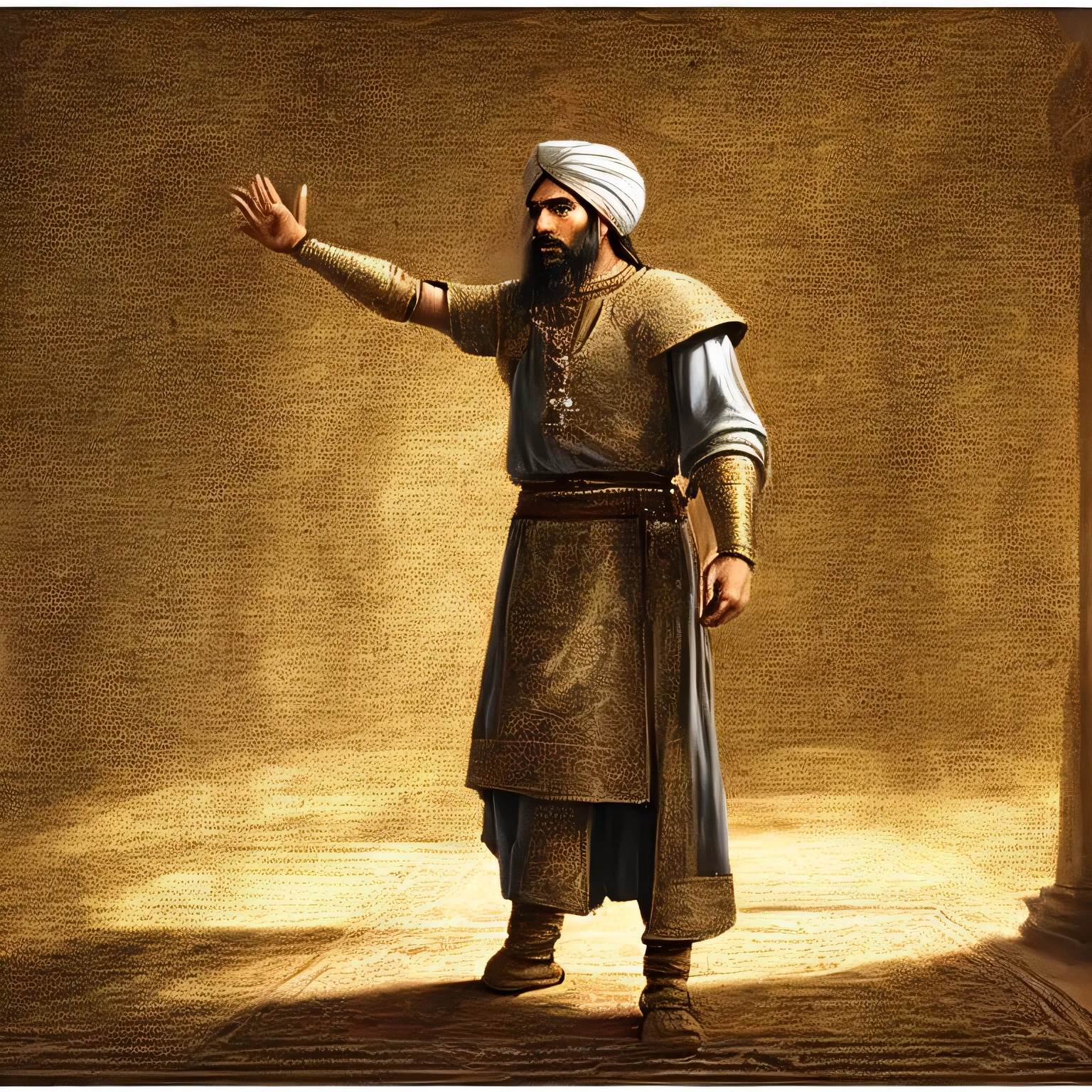 painting style, 4k , drawing , scene from medieval period , a deputy of Persian king standing on a big Persian hall , wearing turban on his head, giving order by raising hand