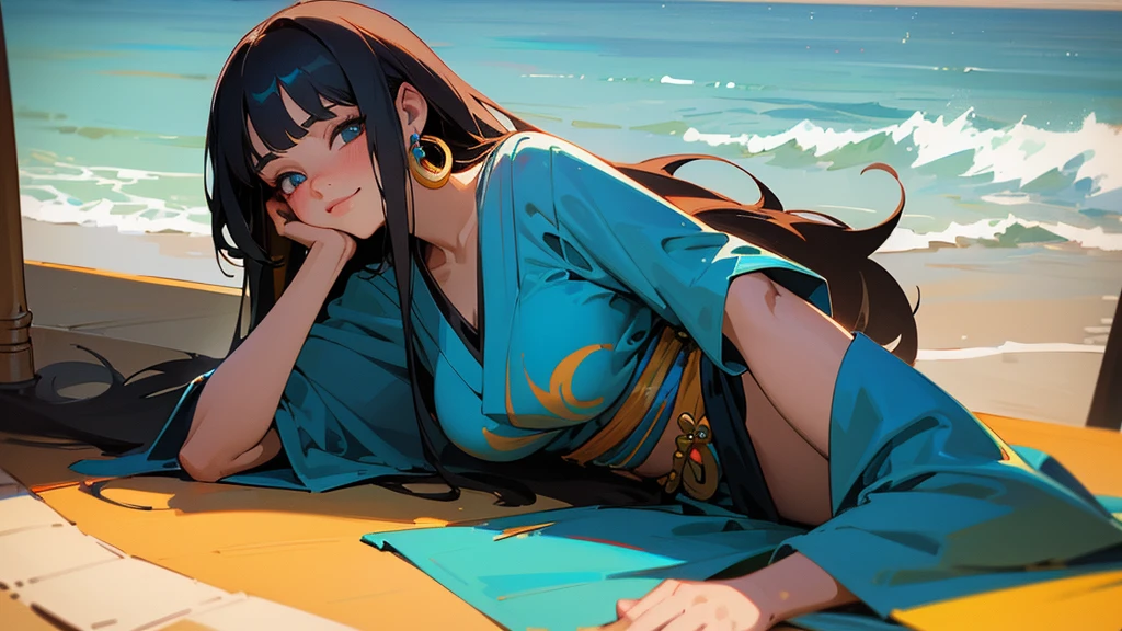  In the style of Boris Vallejo. hyperrealism, simple line drawing, lush long melanite haired, beauty teenage cyan-eyed woman with striking breast laying on the table top in bar, smiling, a cute pampushka in a navy kimono, her  is relaxing on the beach. The image is in oil paints, detailed. Hippie style jewelry, boho style