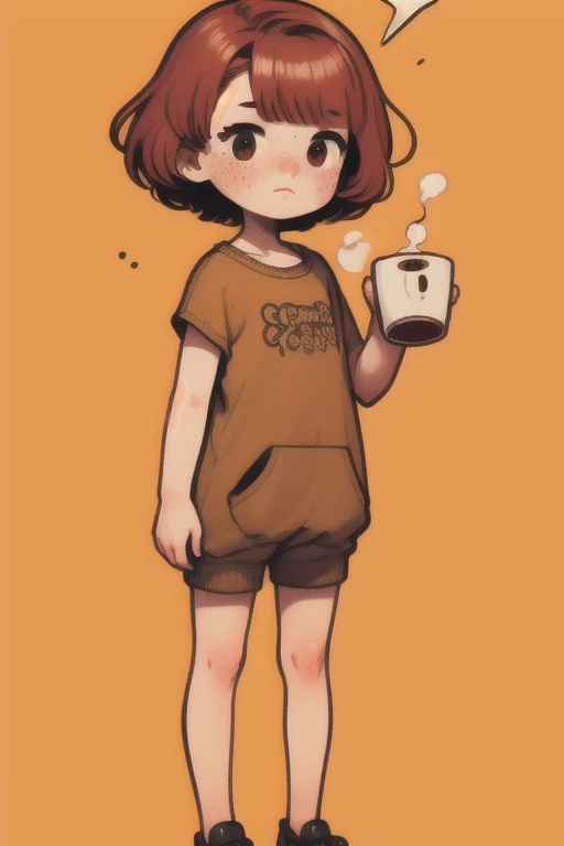 coffee, dishevelled, freckles, Shy, blush, (short red hair:1.1), whole body, Shy pose, loose clothing style, simple background, 
