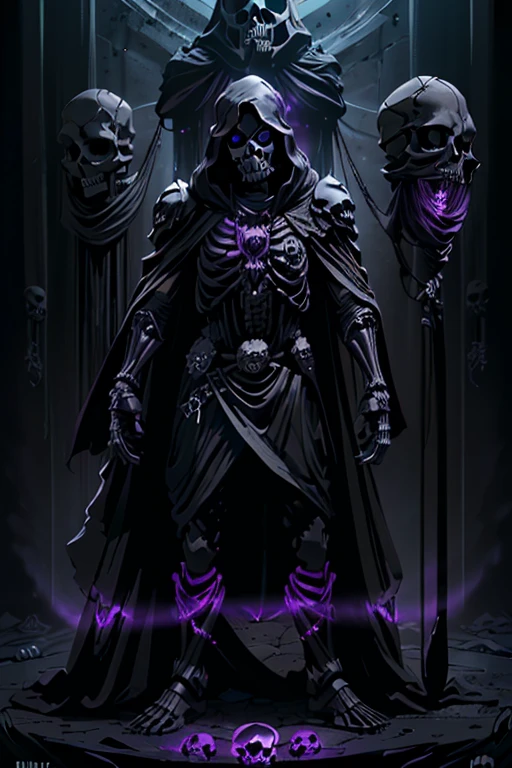 (full body:1.4).skeleton with purple lights in eye sockets.(realistic illustration:1.3),((dark fantasy:1.4)).((male:1.4)) ((black skull face:1.4)), ((Hooded)) (shadow) ((wraith)) in ((heavy obsidian armor)), tall, imposing, (glowing violet eyes:1.2), (cross pendant:1.3). brandishing black ((great sword)) in purple flames. masterpiece