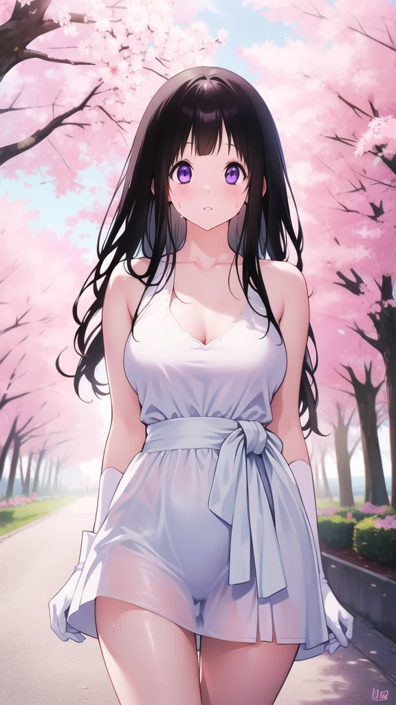 Amazing Chitanda, There is only one beautiful girl,Purple Eyes, Black Hair, Very red face,Very white skin,Glowing skin,Skin as delicate as porcelain,Naturally straight hair, Straight bangs,Extremely refined,Open lips,Long flowing hair,Beautiful Girl, Like a dream,Slim,Slim waist,Soft, (Sensual), (Kawaii), Dream quality,Beautiful big breasts,Areola,Completely naked,White gloves,Flower decoration,Deep V neckline,Loose neckline,Wide neckline,Walking in school,Place your hands on your inner thighs,Sweaty and sweaty,Next to the cherry blossom trees,Back to,Lean over,Hips,Side body,Gluteal groove,Completely naked的臀部,Bare back,Completely naked的背部,Light transmission,no pants,pussy juice,Bare shoulders,Bare neck,Exposed collarbone,Exposing breasts,Exposing breasts侧面,Show your waist,Show your buttocks,Show your thighs,Exposing the groin,No pants,extremely shy,Ultra-high resolution, (masterpiece:1.2, best quality), (Delicate and beautiful eyes: 1.2), (Beautiful and delicate face)