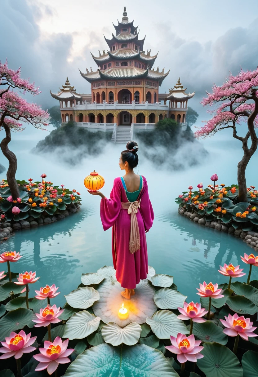 Strolling in Wonderland：Beautiful woman steps on the clouds，Wearing colorful feathered clothes，Holding a lotus lantern，Looks as calm as water，White clouds lingering under your feet，Surrounded by blooming fairy flowers and exotic plants，In the distance, you can vaguely see the beautiful buildings，Like a palace in heaven。