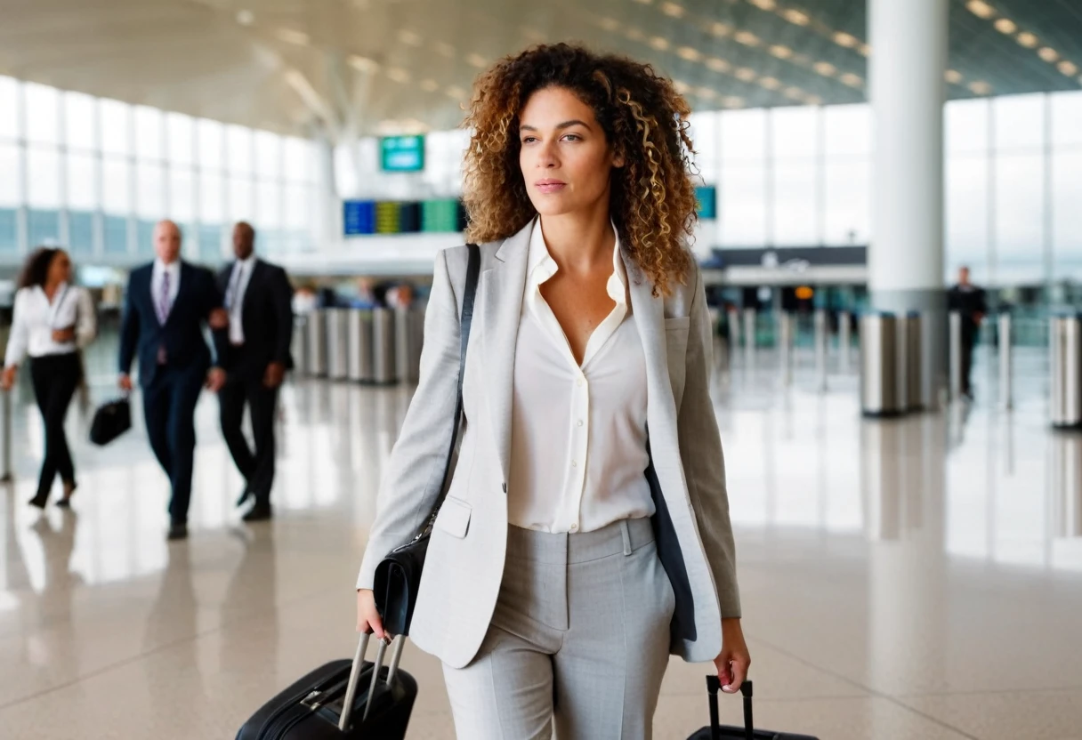 Generate a highly realistic and detailed photograph of a confident businesswoman walking through an airport terminal. She has curly hair and is wearing a light gray business suit with a white blouse underneath. She is carrying a black bag over her shoulder and holding a smartphone in her hand. The background shows a modern airport terminal with large windows, allowing natural light to flood the space. In the background, there are other business people, slightly out of focus, moving through security gates. The atmosphere is professional and busy, capturing the essence of business travel. The image should have sharp, clear details, natural lighting, and realistic proportions and facial features. Ensure the photograph looks authentic, with no distortions or anomalies in the subjects or surroundings.