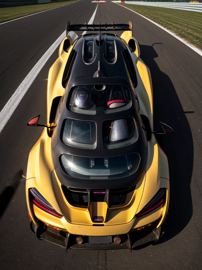 real car, solo, gold mclaren senna, low exposure, vertical photography, realistic, 4k resolution, supreme detail, highly detailed, cinematic lighting, purple field