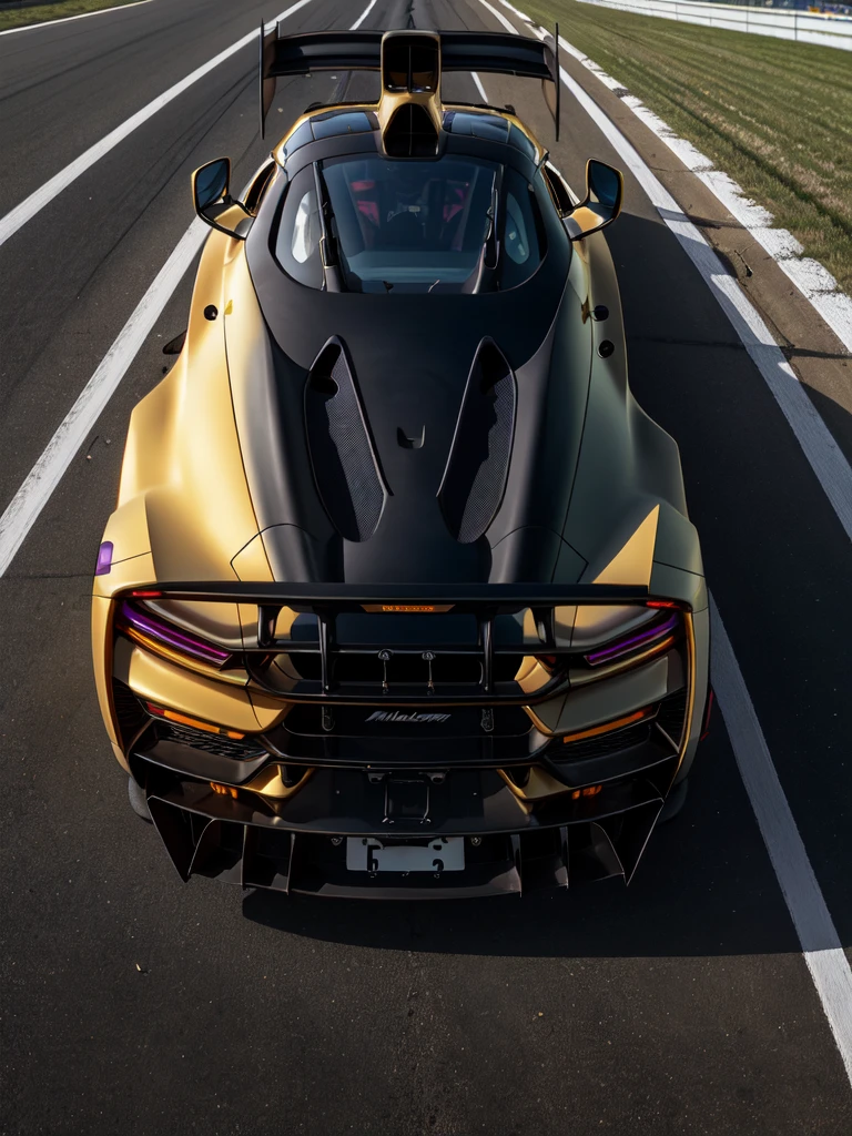 real car, solo, gold mclaren senna, low exposure, vertical photography, realistic, 4k resolution, supreme detail, highly detailed, cinematic lighting,  purple field