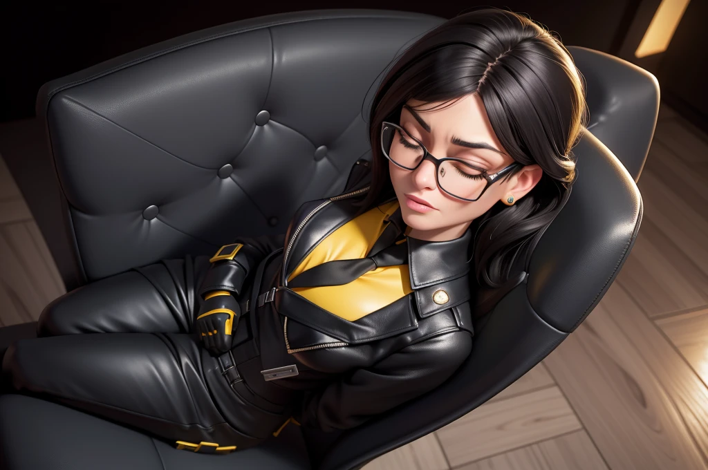 obra prima, melhor qualidade, (lauren boebert 55yo) snarl expression, open mouth, eyes closed, black medium length hair, black plastic glasses, pilot outfit, business blouse, necktie, (shiny bright yellow leather,) studs zippers fringe, shiny leather gloves, body is skinny, laying back against couch cushion, arched back, grabbing cupping, overhead camera view, looking down at me, shallow depth of field, highres, HD, 8k, anatomically correct