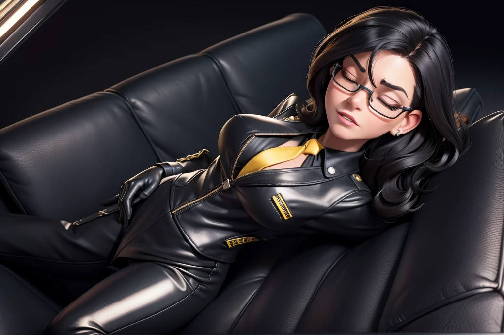 obra prima, melhor qualidade, (lauren boebert 55yo) snarl expression, open mouth, eyes closed, black medium length hair, black plastic glasses, pilot outfit, business blouse, necktie, (shiny bright yellow leather,) studs zippers fringe, shiny leather gloves, body is skinny, laying back against couch cushion, arched back, grabbing cupping, overhead camera view, looking down at me, shallow depth of field, highres, HD, 8k, anatomically correct