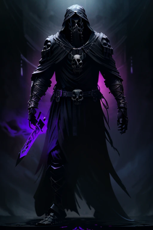 (full body:1.4).skeleton with purple lights in eye sockets.(realistic illustration:1.3),((dark fantasy:1.4)).((male:1.4)) ((black skull face:1.4)), ((Hooded)) (shadow) ((wraith)) in ((heavy obsidian armor)), tall, imposing, (glowing violet eyes:1.2), (cross pendant:1.3). brandishing black ((great sword)) in purple flames. masterpiece