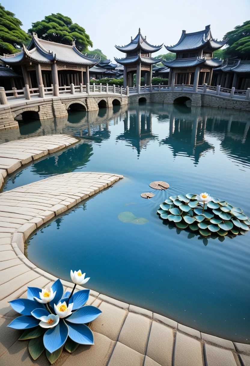 Sand sculpture style, Ultra-clear details,The surface of the lake ripples:Lakeside Beauty,A Hanfu with blue and white porcelain pattern,Holding a folding fan half-covering the face,Eyes full of affection,身后The surface of the lake ripples,Lotus flowers dotted the landscape,The ancient bridge lies in the distance,The setting sun is shining,Constitute a picture of Jiangnan water town。