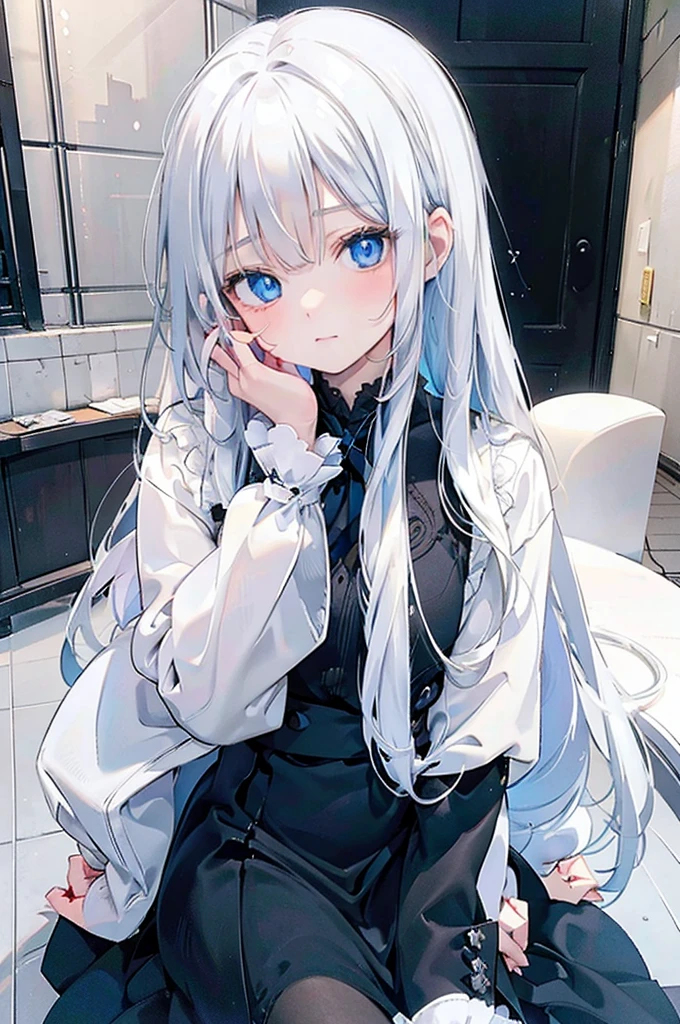 Ainme art. A girl . White hair . Blue eyes . Arrogant smirk . Wearing black clothes . Sitting on chair