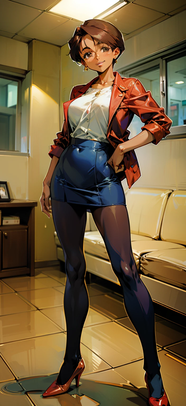 Night time, heat after rape,(Masterpiece), Best Quality, ultra-detailed, MIZUKITO, TAN, dark skin, naked body, EARRINGS, slender and sexy body, nude, 1girl, solo, business suits, jacket(dark blue, closed), breasts, tight skirt(dark blue), brown pantyhose, in the livingroom , facing viewer, looking at viewer, smile, parted lips, standing, Sexy waist teasing, mature women, a 40-year-old married woman, the mother of a friend, Full-body,