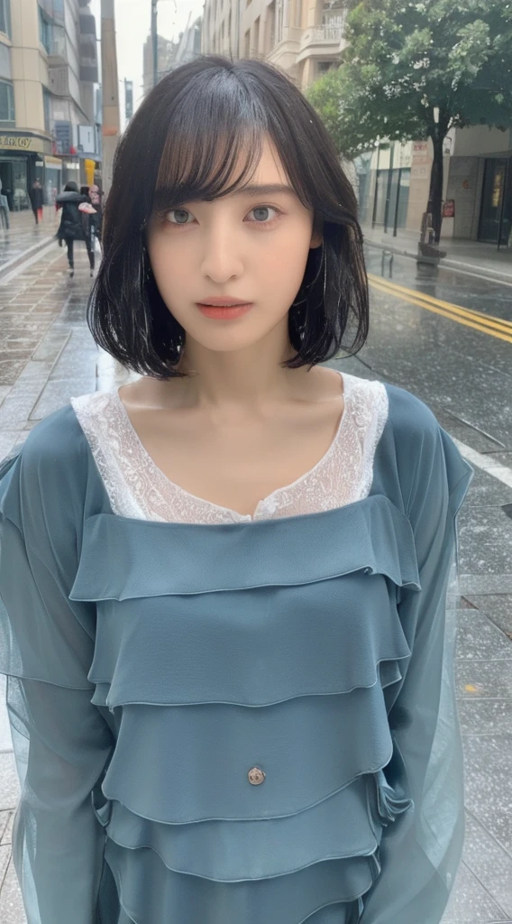 ((highest quality, 8k, masterpiece:1.3)), concentrated: 1.2, Perfect body beauty: 1.4, Hips: 1.2, ((Layered Haircut, chest: 1.2)), (Wet clothes: 1.1) , (rain, street:1.3), Bandeau dress: 1.1, Highly detailed face and skin texture, Delicate eyes, double eyelid, White skin, Long Hair