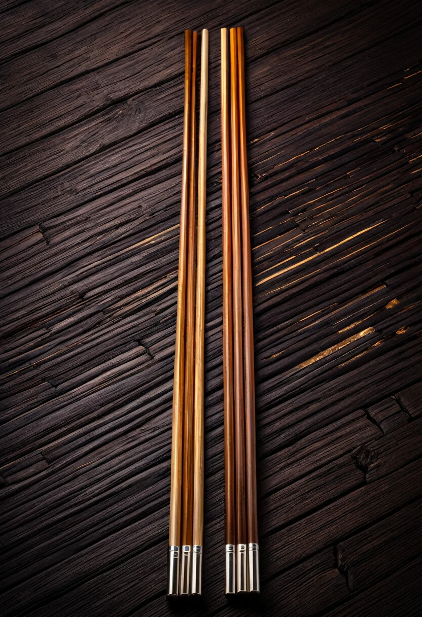 Chopsticks with metal handles,Large wide-angle perspective,Wooden chopsticks,panoramic,Super rich details,High-resolution images