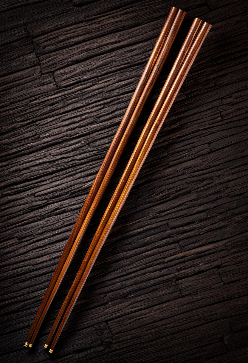 Chopsticks with metal handles，Large wide-angle perspective，Wooden chopsticks，panoramic，Super rich details，High-resolution images