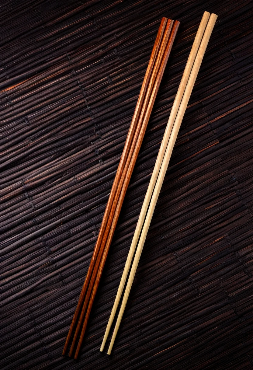 Chopsticks with metal handles，Large wide-angle perspective，Wooden chopsticks，panoramic，Super rich details，High-resolution images