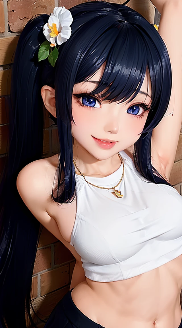 (masterpiece:1.3), (Best Quality:1.3), (Ultra-detailed:1.2), ((kawaii)), Cute, (lovely), ((sexy)), ((Extremely detailed)), 4K, (8K), Best Quality, (Beautiful), Illustration, anime style, (bold line:1.2), Gradation, looking at viewer, //, (bent down:1.1), (arms behind back), //, a cute girl, 1girl, (solo:1.2), gleaming skin, //, (flat chested), (Perfect eyes:1.2), (Perfect iris:1.2), //, darkblue hair color, (beautiful eyes) //, (half closed eyes:1.3), (sexual expression:1.2), Fascinated expression, smile, (blush:1.2), //, modern city background, on rock, twin tails, muscle girl, hard abs, exposed abs, NECKLACE, tight blouse, skirt