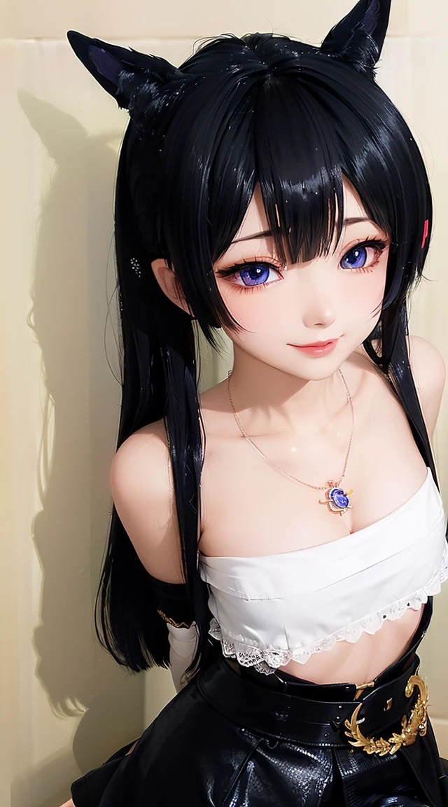 (masterpiece:1.3), (Best Quality:1.3), (Ultra-detailed:1.2), ((kawaii)), Cute, (lovely), ((sexy)), ((Extremely detailed)), 4K, (8K), Best Quality, (Beautiful), Illustration, anime style, (bold line:1.2), Gradation, looking at viewer, //, (bent down:1.1), (arms behind back), //, a cute girl, 1girl, (solo:1.2), gleaming skin, //, (flat chested), (Perfect eyes:1.2), (Perfect iris:1.2), //, darkblue hair color, (beautiful eyes) //, (half closed eyes:1.3), (sexual expression:1.2), Fascinated expression, smile, (blush:1.2), //, modern city background, on rock, twin tails, muscle girl, hard abs, exposed abs, NECKLACE, tight blouse, skirt