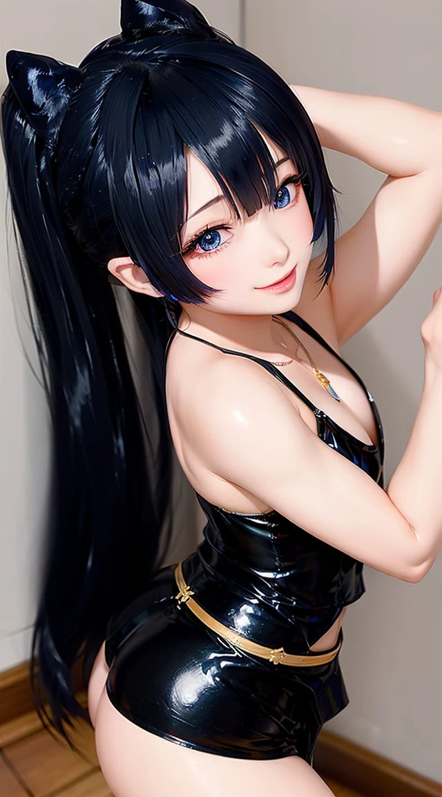 (masterpiece:1.3), (Best Quality:1.3), (Ultra-detailed:1.2), ((kawaii)), Cute, (lovely), ((sexy)), ((Extremely detailed)), 4K, (8K), Best Quality, (Beautiful), Illustration, anime style, (bold line:1.2), Gradation, looking at viewer, //, (bent down:1.1), (arms behind back), //, a cute girl, 1girl, (solo:1.2), gleaming skin, //, (flat chested), (Perfect eyes:1.2), (Perfect iris:1.2), //, darkblue hair color, (beautiful eyes) //, (half closed eyes:1.3), (sexual expression:1.2), Fascinated expression, smile, (blush:1.2), //, modern city background, on rock, twin tails, muscle girl, hard abs, exposed abs, NECKLACE, tight blouse, skirt