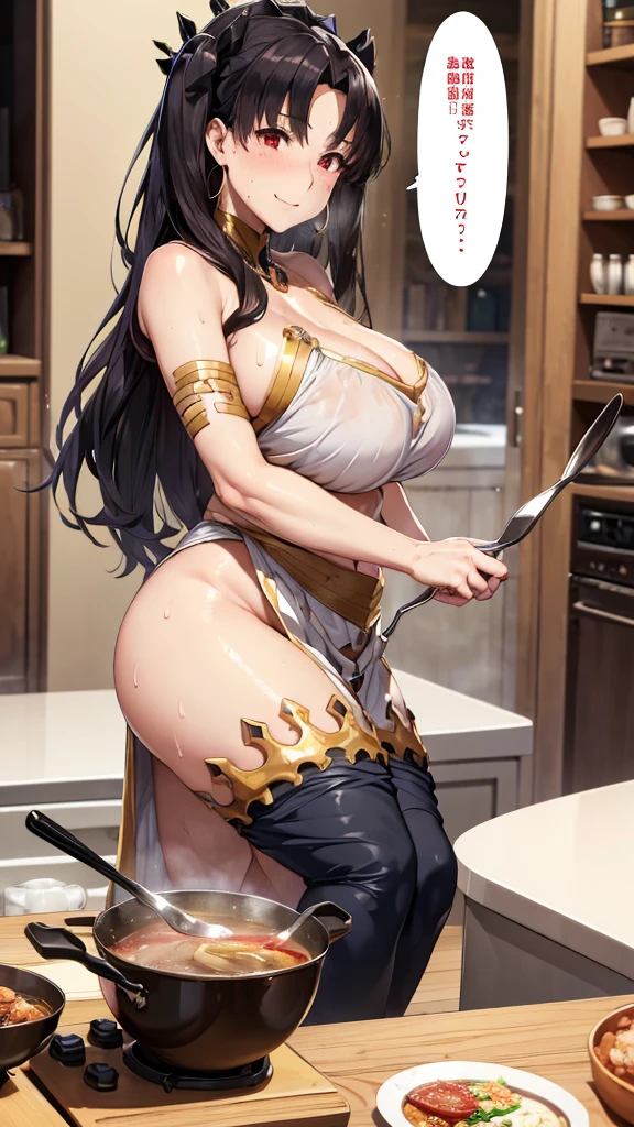 (Mature Woman:1.5), (mother:1.5), Ishtar, Fate Grand Order, (Absurd, 8k, 4K, Tabletop, Extremely detailed:1.2), highest quality, Perfect Anatomy,Perfect Face, High humidity, (alone:1.2), (Sweaty:1.3), shortness of breath, High humidity, humid, (Black Hair:1.1), Red eyes, Looking into the camera, (Very large breasts:1.5), Light clothing, apron, (kitchen;1.1), (Having a conversation:1.5), (Speech bubble:1.2), A kind smile, relief, peace of mind, mother性, Cooking, have a ladle, pot, pot-au-feu