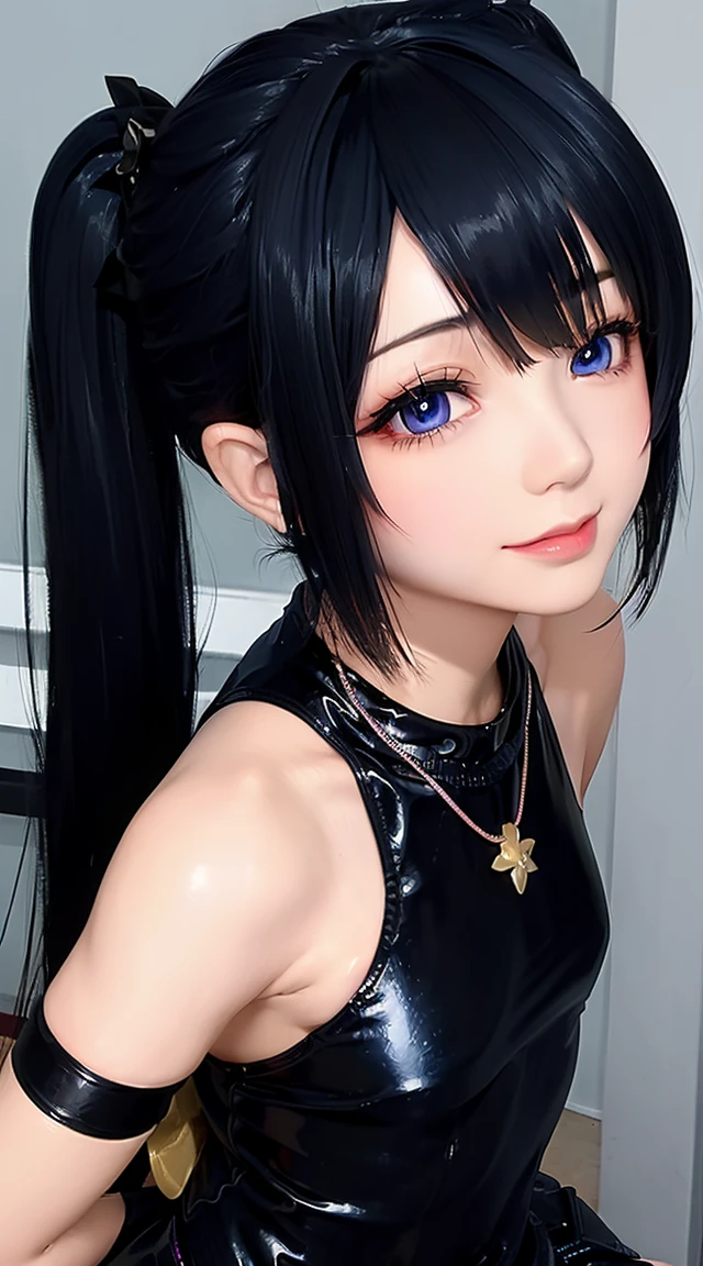 (masterpiece:1.3), (Best Quality:1.3), (Ultra-detailed:1.2), ((kawaii)), Cute, (lovely), ((sexy)), ((Extremely detailed)), 4K, (8K), Best Quality, (Beautiful), Illustration, anime style, (bold line:1.2), Gradation, looking at viewer, //, (bent down:1.1), (arms behind back), //, a cute girl, 1girl, (solo:1.2), gleaming skin, //, (flat chested), (Perfect eyes:1.2), (Perfect iris:1.2), //, darkblue hair color, (beautiful eyes) //, (half closed eyes:1.3), (sexual expression:1.2), Fascinated expression, smile, (blush:1.2), //, modern city background, on rock, twin tails, muscle girl, hard abs, exposed abs, NECKLACE, tight blouse, skirt