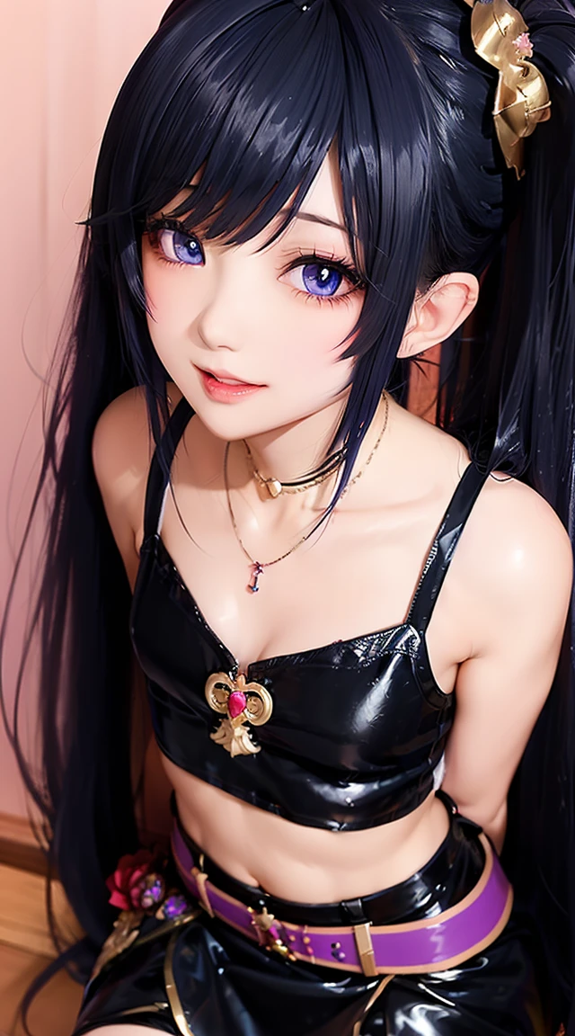(masterpiece:1.3), (Best Quality:1.3), (Ultra-detailed:1.2), ((kawaii)), Cute, (lovely), ((sexy)), ((Extremely detailed)), 4K, (8K), Best Quality, (Beautiful), Illustration, anime style, (bold line:1.2), Gradation, looking at viewer, //, (bent down:1.1), (arms behind back), //, a cute girl, 1girl, (solo:1.2), gleaming skin, //, (flat chested), (Perfect eyes:1.2), (Perfect iris:1.2), //, darkblue hair color, (beautiful eyes) //, (half closed eyes:1.3), (sexual expression:1.2), Fascinated expression, smile, (blush:1.2), //, modern city background, on rock, twin tails, muscle girl, hard abs, exposed abs, NECKLACE, tight blouse, skirt