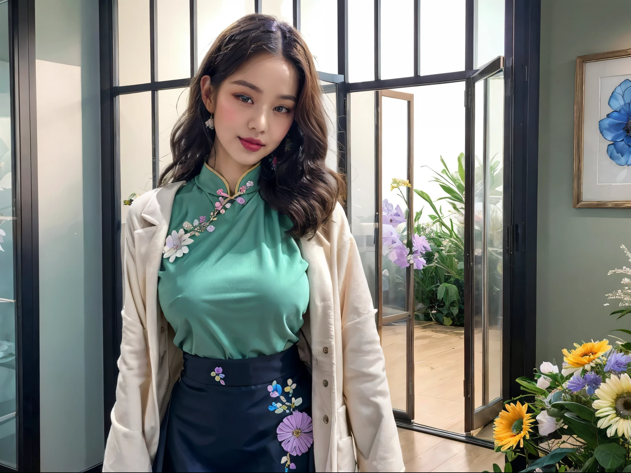 1girl, detailed face, looking at viewer, head tilt, robe jacket, tucked inner cheongsam, formal skirt, (flower embellishment:1.2), modern comfy interior design, modern art geometric background, large clear glass door, green field, trees, gigantic breast, 