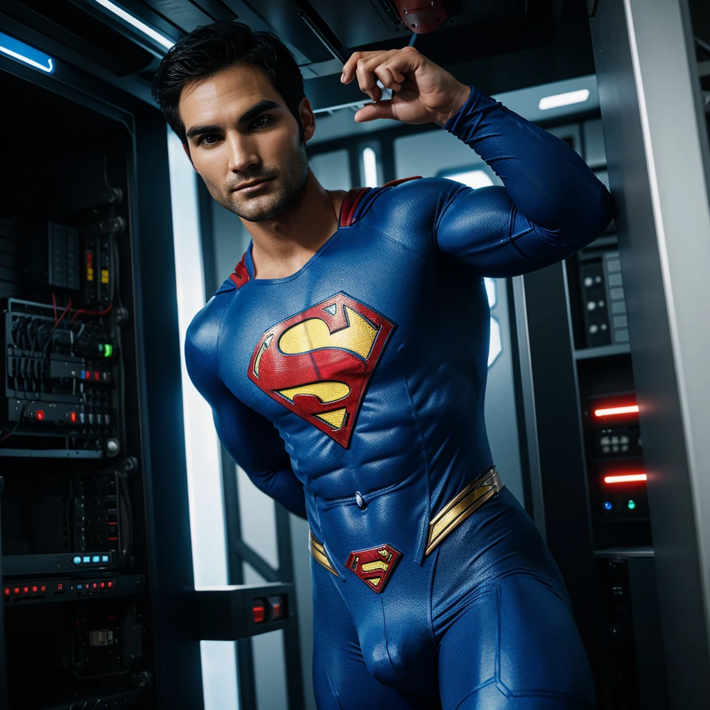 tyler hoechlin as classic musular Superman in full blue tight costume & red  briefs, is being strangled & intruded by thick electric cables, struggling, exhausted, helpless. many electric wires & a hi-tech round electronic gadget is attached on superman’s erected  & his bulge is being caressed, being assimilated into a supercomputer. trapped inside a futuristic lab.